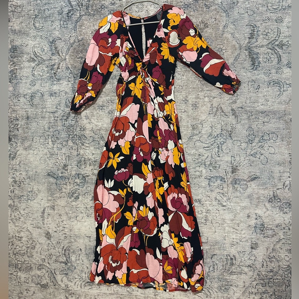 Anthropologie Maeve Deep-V Ruched Floral Multicolor Midi Dress - Picture 4 of 7
